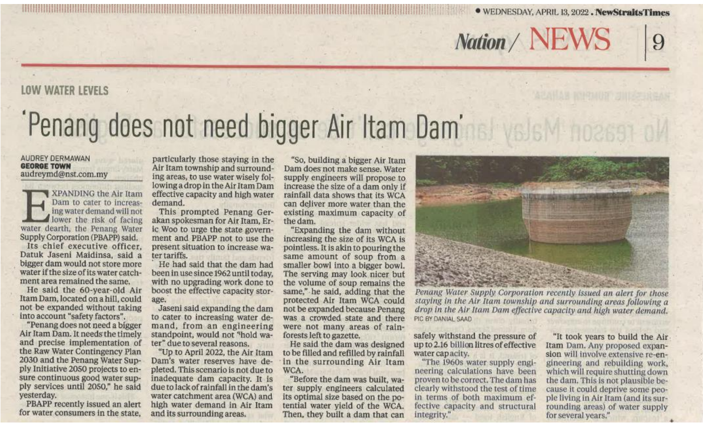 Penang Does Not Need Bigger Air Itam Dam- NST (13 April 2022)