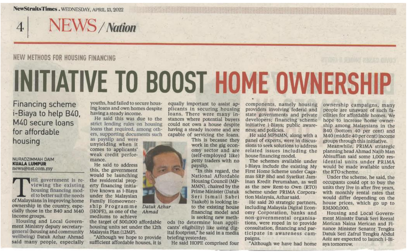 Initiative To Boost Home Ownership - NST (13 April 2022)