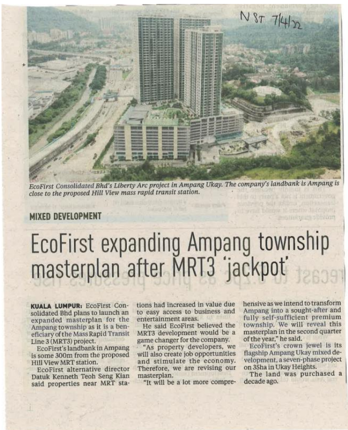 EcoFirst Expending Ampang Township Masterplan After MRT3 &#39;Jakpot&#39; - NST (7 April 2022)