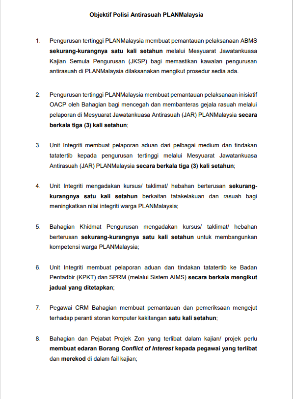 Objektif Polisi Antirasuah PLANMalaysia