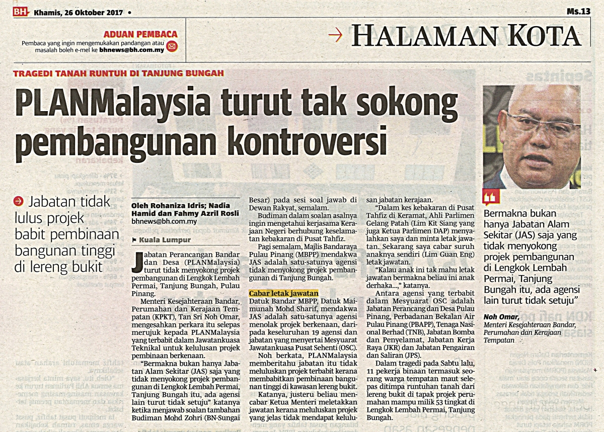 PLANMalaysia turut tak sokong pembangunan kontroversi
